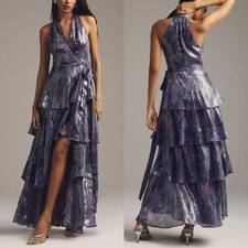 Anthropologie Hutch Paige Sequin Wrap Maxi Dress Purple Ruffle Tiered Gown M