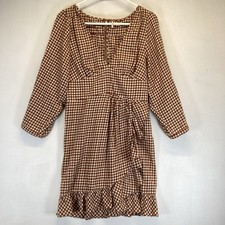 Free People Mini Dress Wraps Ruched Faux Wrap Ruffles Sleeve Gingham Print Plaid