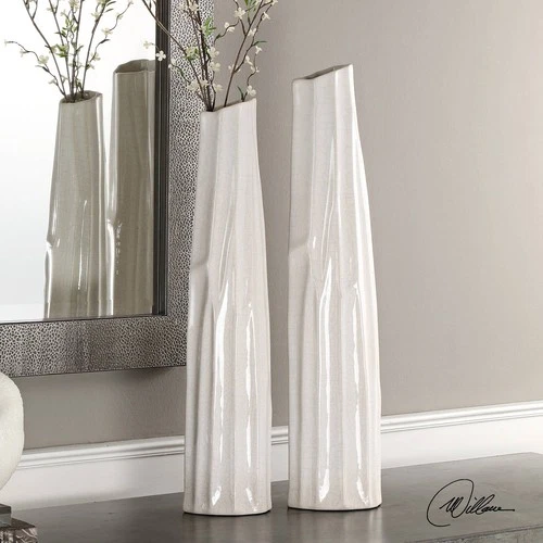 Uttermost Kenley 25"H Crackled White Ceramic Vases Set of 2 - Picture 1 of 4