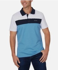 Calvin Klein Mens 2XL Polo Shirt Blue White Classic Fit Logo Short Sleeve NWT