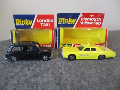 NOS DINKY #278 PLYMOUTH YELLOW CAB (1978) + #284 LONDON TAXI (1977) w/ORIG BOXES