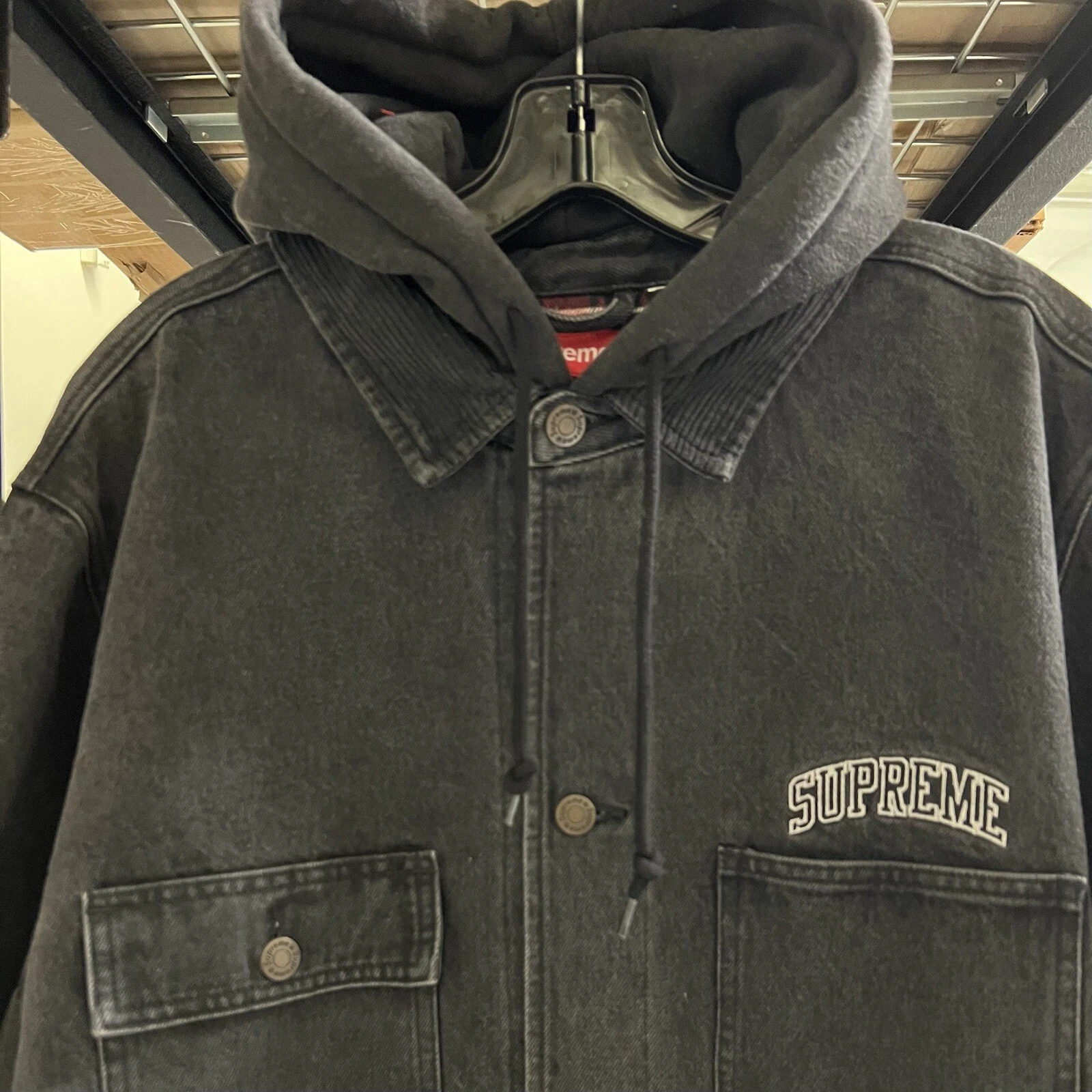 Veste manteau de corvée à capuche FW17 Supreme Arc Logo Denim taille XL 2017