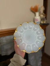 Vintage 1950s Anchor Hocking #896 Milk Glass Deviled Egg Platter With Gold Trim