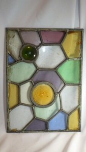 Stained Glass Panel 13" x 9.5" w/ Green & Yellow Circles