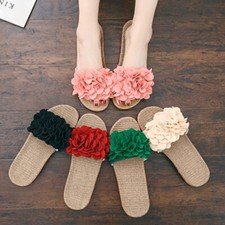 Zapatillas para mujer con flores de mezcla de lino antideslizantes punta abierta interior hogar playa