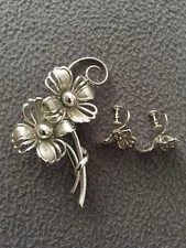 Antique Vtg Forstner Signed Sterling Silver Brooch With Earrings