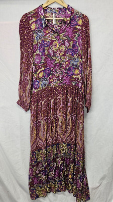 Anthropologie Nikole Maxi Shirtdress Purple Pink Floral Sheer Button Dress Sz L