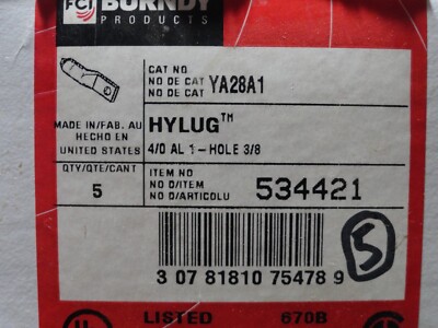 Burndy YA28A1 One-Hole 3/8'' Stud 4/0 AL Compression Lug Box of 5 Fast Ship