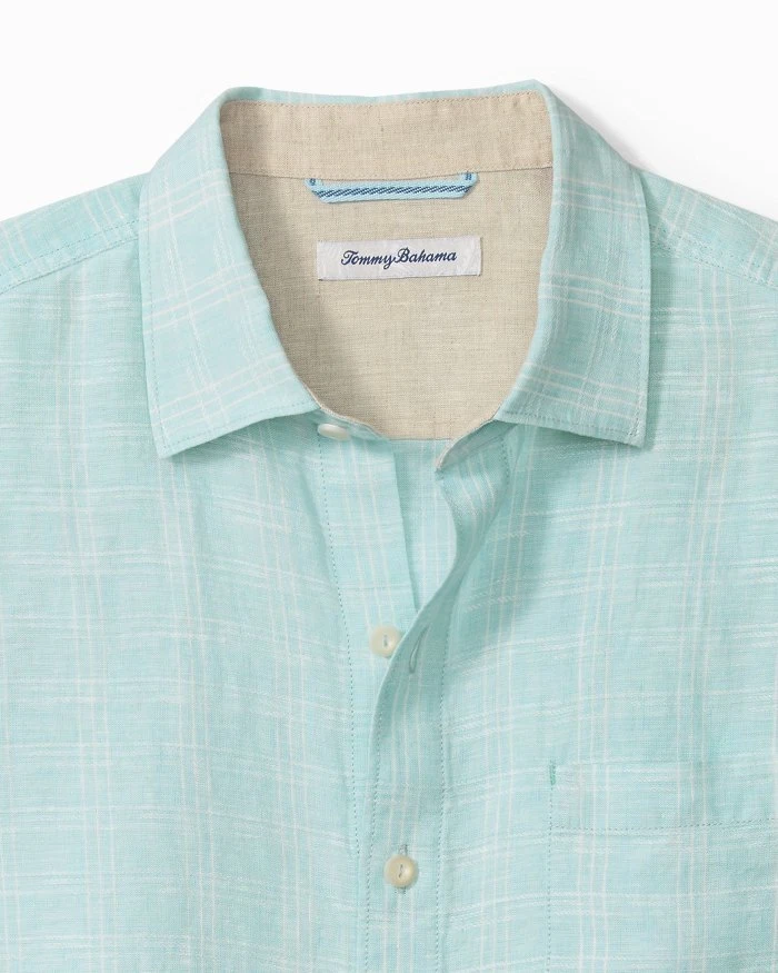 TOMMY BAHAMA Ventana Plaid Linen Shirt, Blue[S]