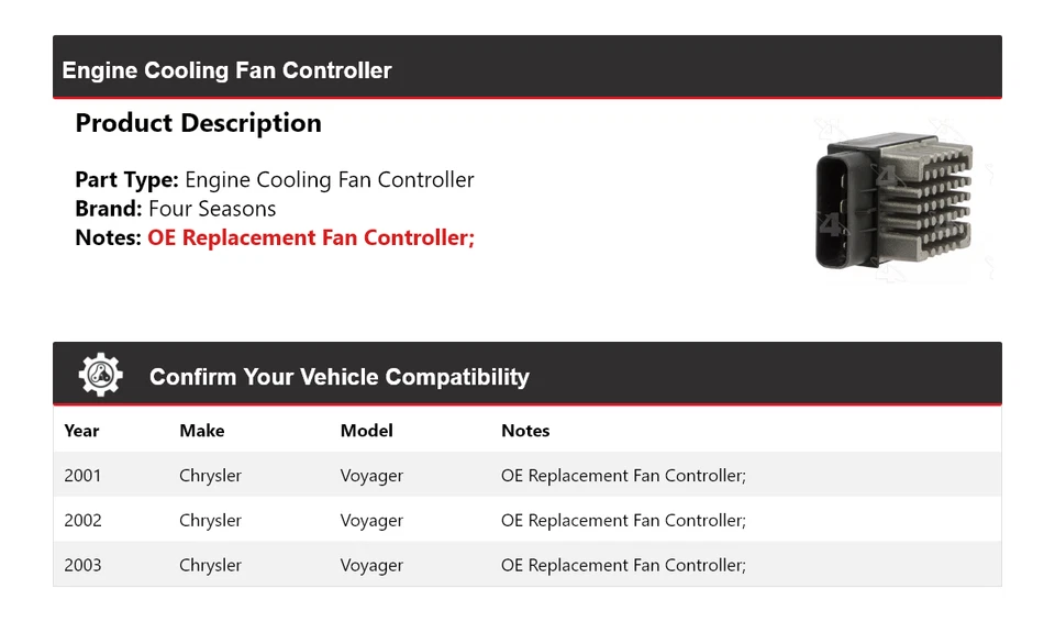For 2001-2003 Chrysler Voyager Engine Cooling Fan Controller 4 Seasons 2002 - Image 2 of 4