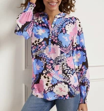 Talbots SMOCKED CUFF BLOUSE CASCADING BLOOMS Button Size S Viscose Floral