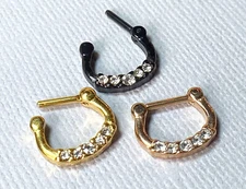 1pc 100% SURGICAL STEEL Five-Crystal Gem Septum Clicker 16g Nose Ring Gold IP