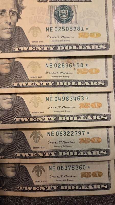 STAR NOTE - LOT OF 5 - SERIES 2017 RICHMOND "E" DISTRICT $20 TWENTY DOLLAR BILLS
