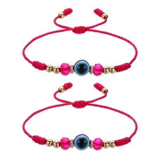 Turkish Evil Eye Bracelets, 2 Pcs Good Luck Braided Rope Bracelets (Purple Red)