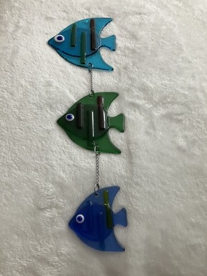 A Trio Of Fused Glass Fish. Fish Mobile. Nautical. Vintage