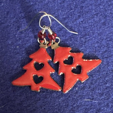 Red Metal Christmas Tree Dangle/Drop Hook Earrings w/ Heart Cutouts