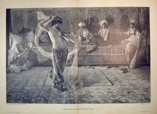 Original Old Antique Print C1870 Double Page German Woman Dancing Men Music Art