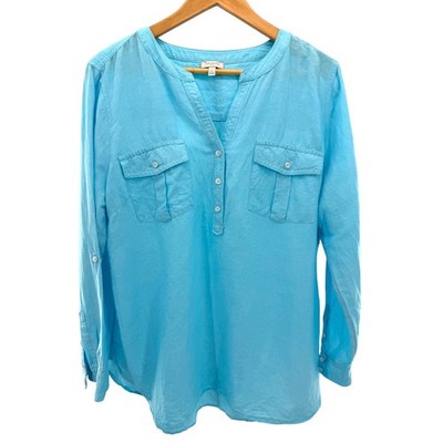 Talbots Womens XL Turquoise Linen Blend Roll Tab Sleeve Henley Tunic Top Coastal
