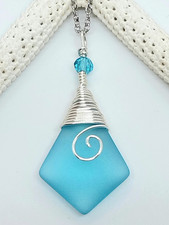 Sea Glass Necklace Jewelry w Aqua Blue Diamond Shape Pendant Silver Wire Wrapped