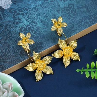 Gold Plated Floral Clip On Earrings Chinese Wedding Style Bridal Jewelry