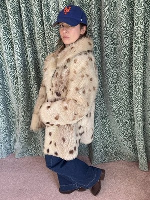 Vintage 60s 70s Worth London Faux Fur Animal Print Coat 8 10 Oversized