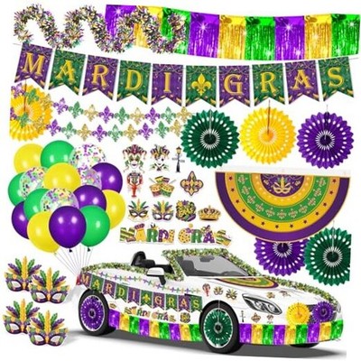 Mardi Gras Parade Float Decorations Kit Purple Green Gold Tinsel Garlands Fan