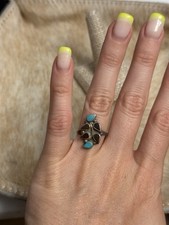 Vintage Native American Sterling Silver Turquoise Feather Leaf Ring Size 7.5