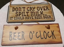 Pair of Mancave Home Bar Pub Shed Beer Signs 1 Metal 1 Wooden/hanging Strings.