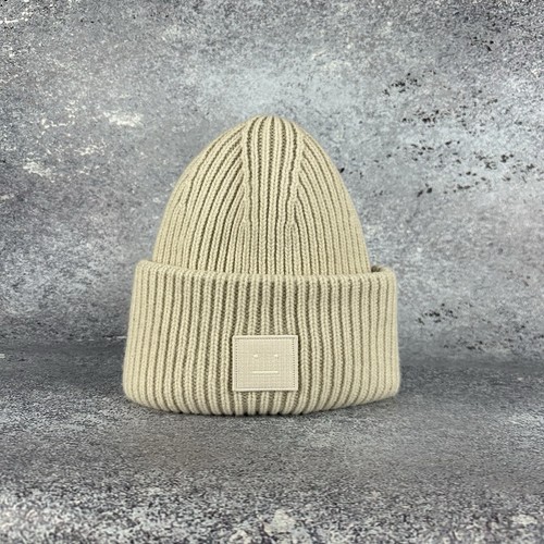 Acne Studios Pansy Face Beige Ivory Wool Hat Beanie Unisex Ribbed Knit Cap