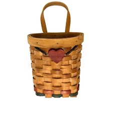 Vintage Woven Wall Hanging Basket with Heart Accent Wood Handle 90s