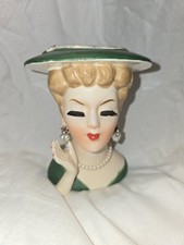 (Lot #4) Green Vintage Lee Wards Lady Head Vase Figurine (Not Original Earrings)