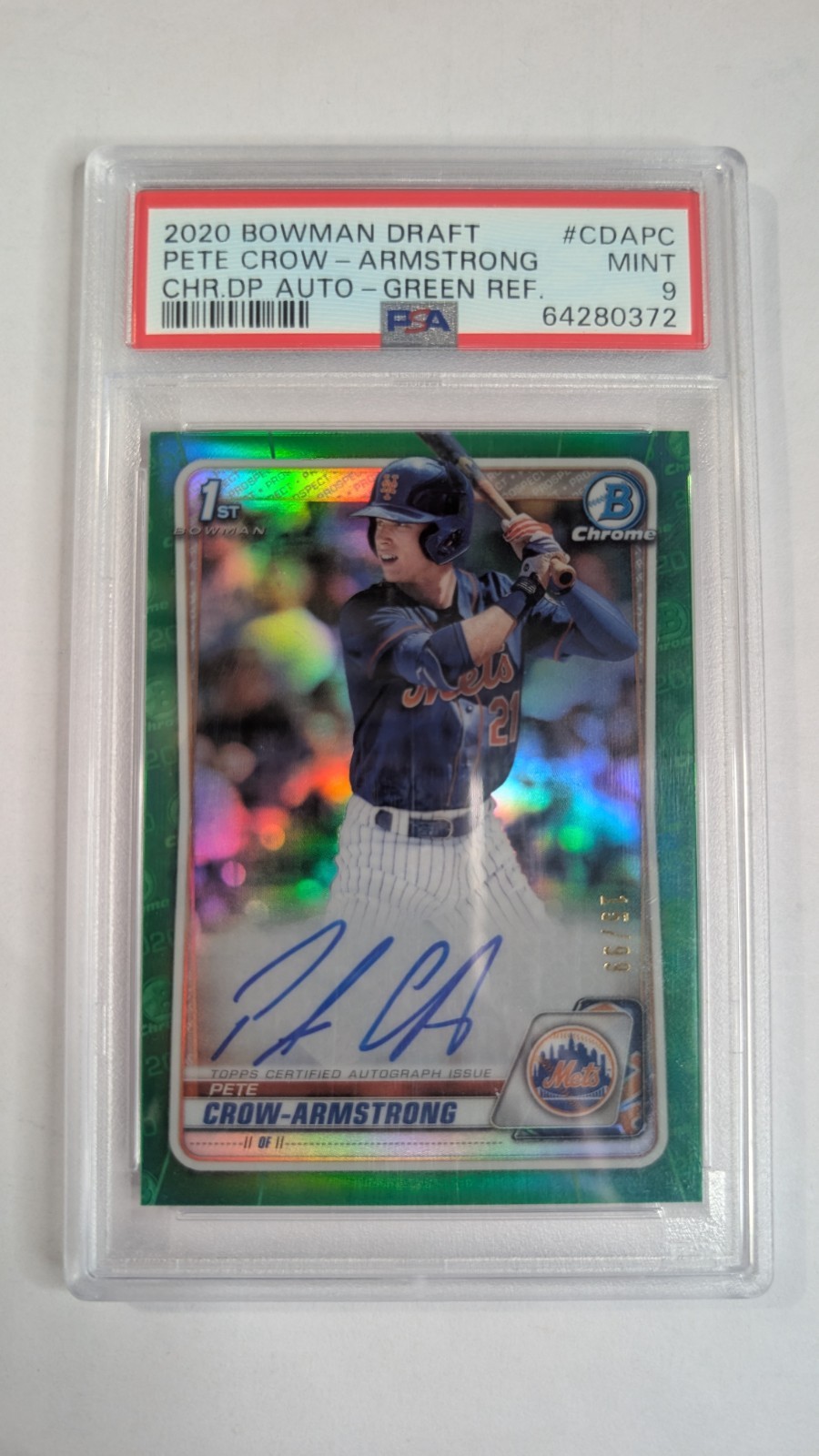 2020 Bowman Chrome 1st Pete Crow-Armstrong Green Refractor /99 Auto PSA 9 Rookie