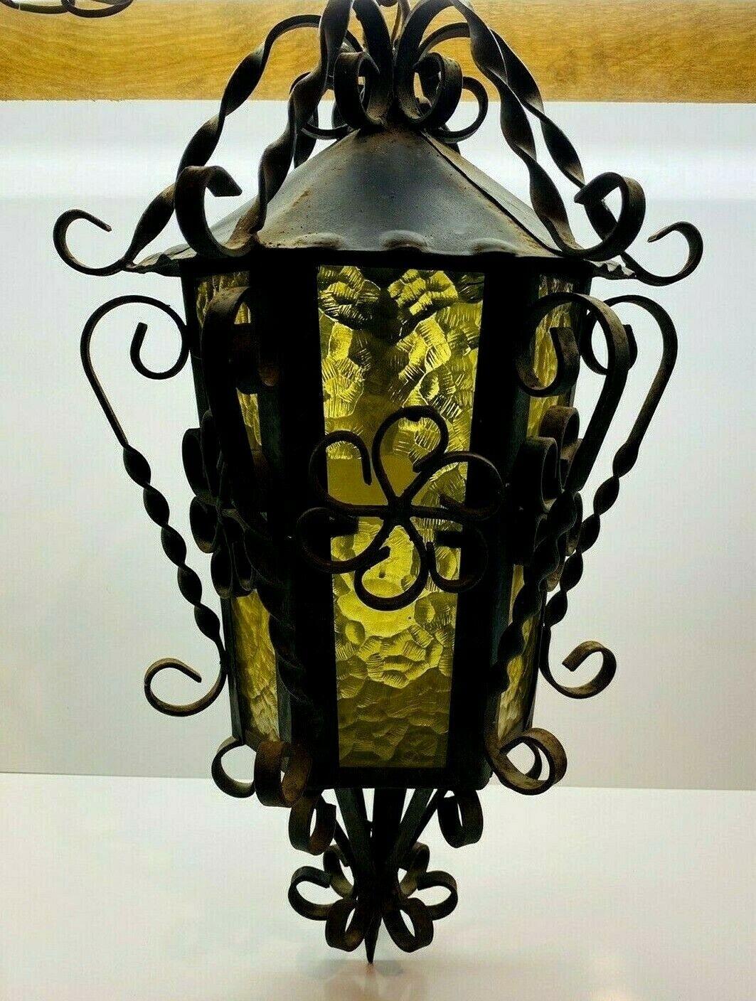 Vintage Large 6 Paneled Yellow Glass Wrought Iron Hanging Lamp 24" Long