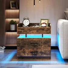 TC-HOMENY Nightstand with RGB LED + Power Station Night Stand Side End Table