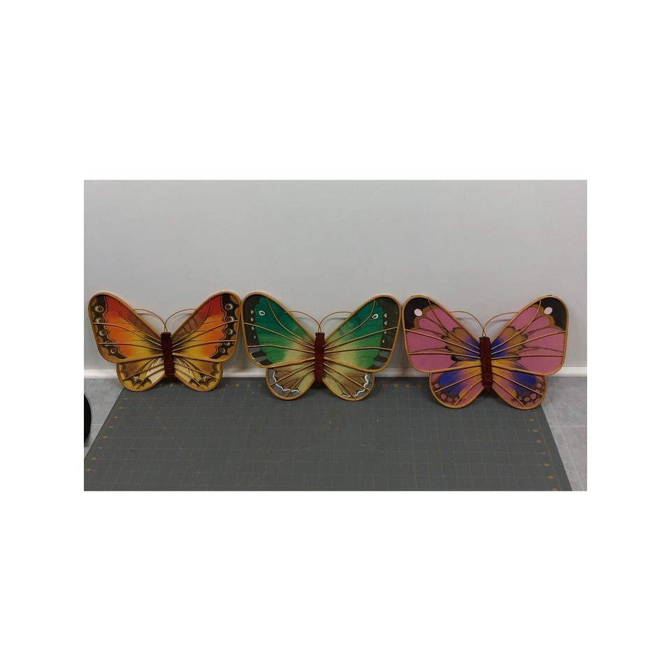 Set of 3 Vintage Bentwood Bamboo Butterfly Wall Hangings Colorful