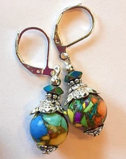 colorful MOSAIC HOWLITE Rainbow HEMATITE earring SP Leverback artisan XB