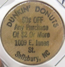 Vintage Dunkin' Donuts Salisbury, NC Wooden Nickel - Token North Carolina