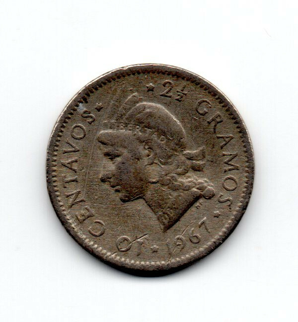 Dominican Republic 1967, Liberty facing left, 2 1/2 grams, 10 cents