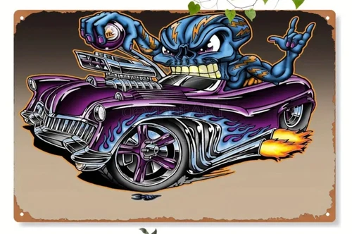 2D Zombie Hot Rod Iron Wall Art, Vintage Style Metal Tin Sign, NEW 12x8