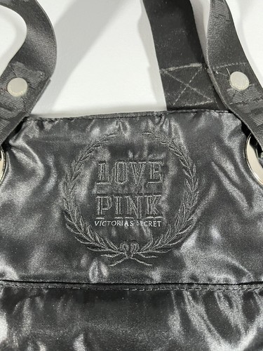 Victorias Secret Love Pink Tote Black Nylon Travel Messenger Shoulder Gym Bag VS - Picture 2 of 3