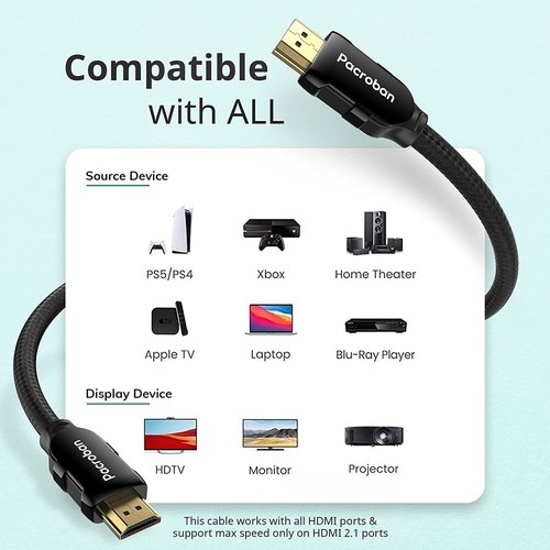 Pacroban 8K zertifiziert HDMI 2.1 geflochtenes Kabel (15 Fuß/16 Fuß - 3er-Pack) CL3 bewertet - Bild 4 von 6
