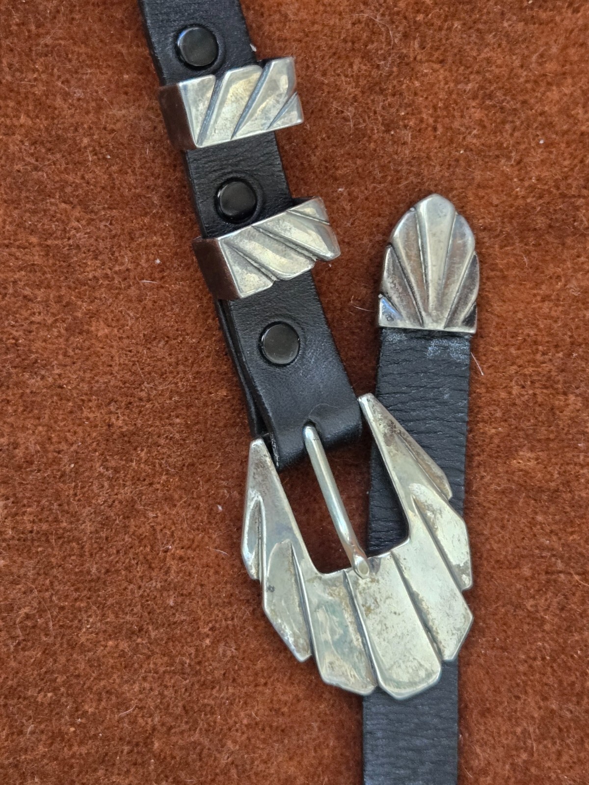 JT Santa Fe Sterling Silver Buckle Set on  leather ladies Belt, vintage