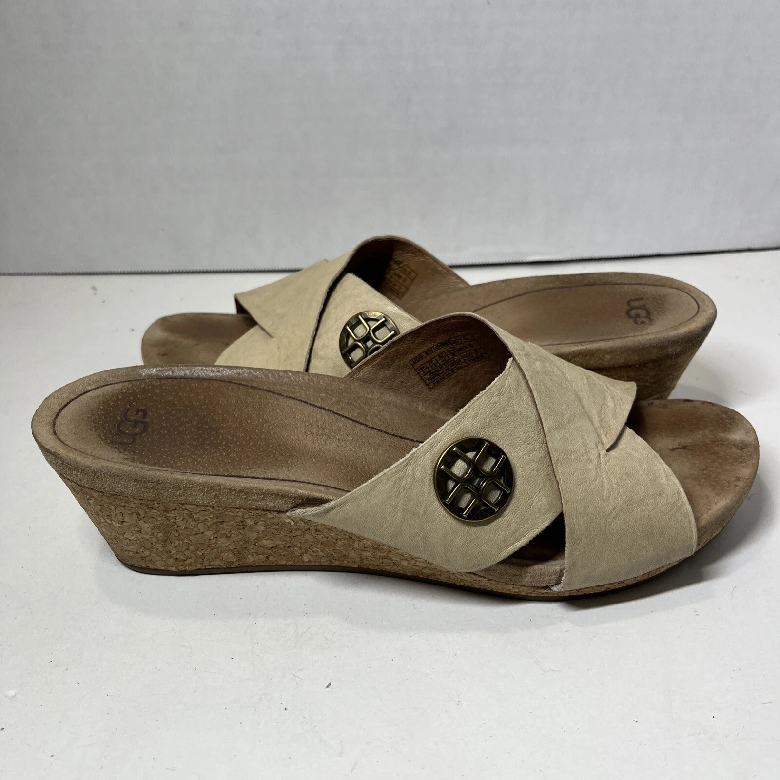 UGG donna Lyra pelle marrone zeppa tacco sughero taglia 9 comodo casual preppy elegante