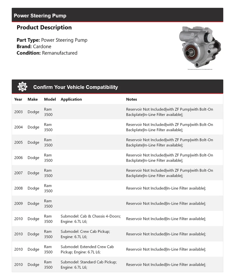 Bomba de dirección asistida Cardone para Dodge Ram 3500 2003-2010 2004 2005 2006 2007 Foto 2 de 4