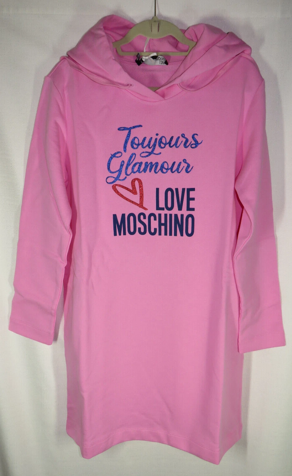Love Moschino abito donna rosa manica lunga con cappuccio e tasche taglia 8