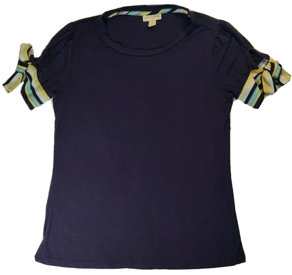 MAISON JULES Women's Sz XS Navy Blue Short Sleeve Striped Ribbon-Tie Top T-Shirt - Image 2 of 4