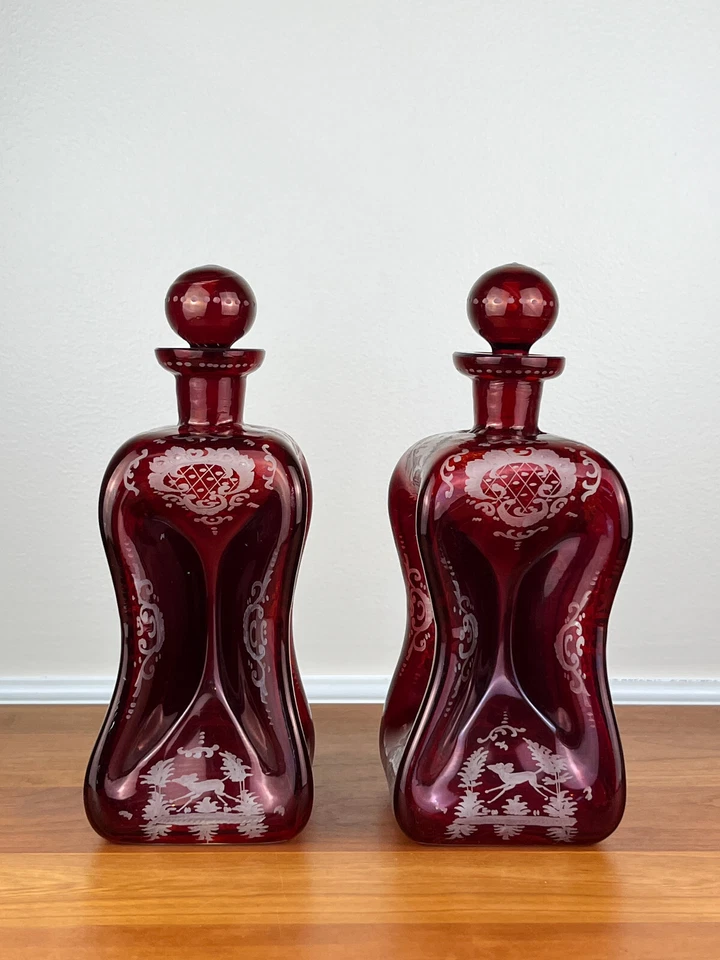 Pair (2) Bohemian RUBY CUT TO CLEAR Hand-Blown Pinch 10 ¼” Decanters - Image 4 of 4