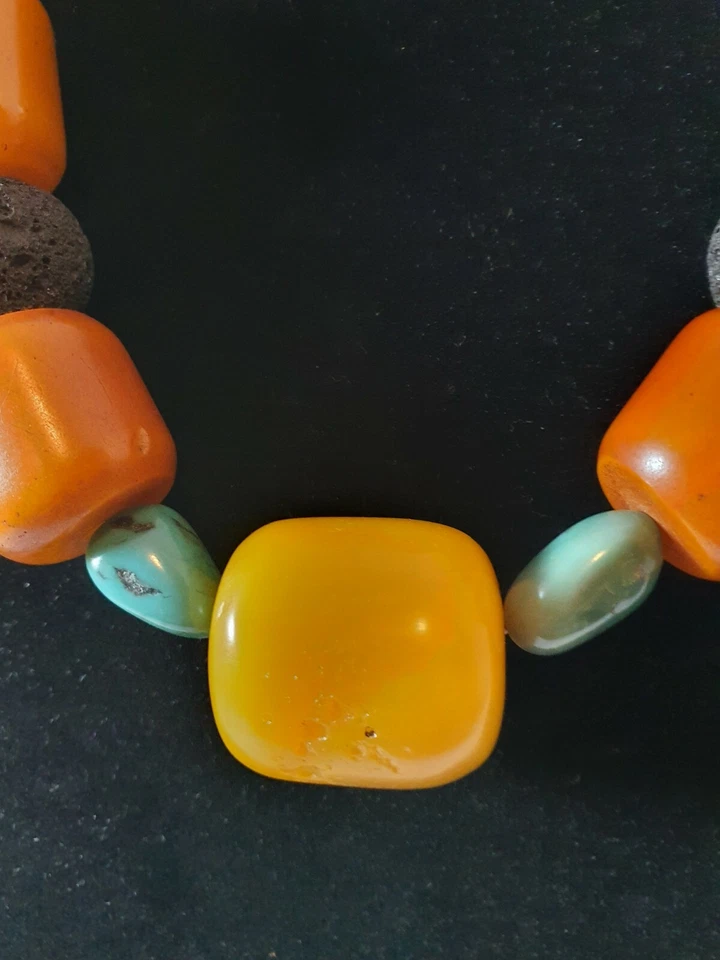 Янтарь!!! Ожерелье с янтарем, шарики вулканической лавы, кожа, серебро 925 пробы - Изображение 3 из 4