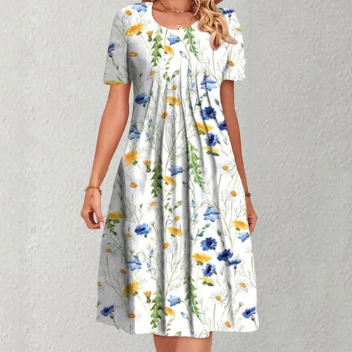 Womens Floral Short Sleeve Midi Dress Ladies Casual Summer Pleated Holiday Dress - Bild 5 von 24