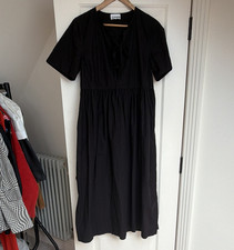 GANNI Black Smock Midi Dress 100% Cotton V-Neck Short Sleeve Size 40